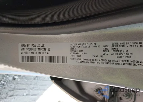 2022 Ram 1500 Big Horn 4X2 6'4 Box z USA, uszkodzony, nr VIN 1C6RREBT4NN219126